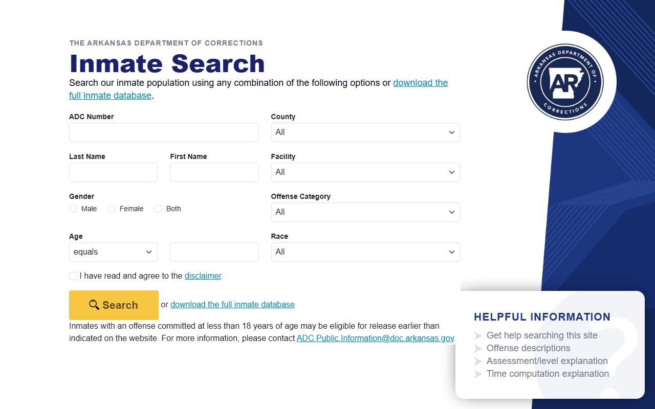 Cross County Arkansas DOC inmate population search screen